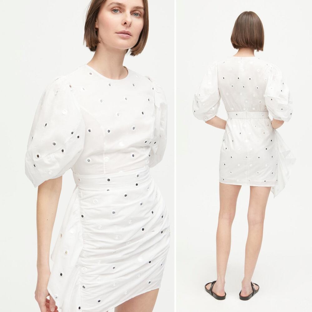 NWT Rhode Pia Puff Sleeve Eyelet Cotton Ruffle Mini Dress White Mirror Large